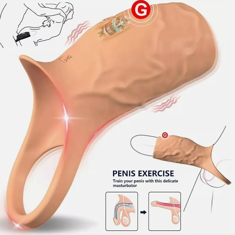 Skin Tone Vibrating Penis Sleeve with Support Ring for Men - Master