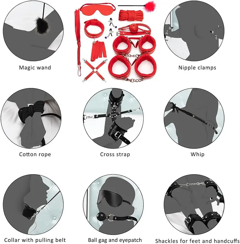 Premium 10-Piece BDSM Kit for Couples with Bed Restraints, Handcuffs, Nipple Clips and Bondage Accessories - Master