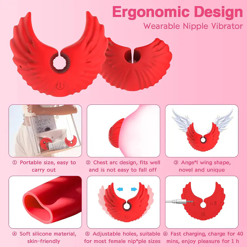 Red Angel Wings Nipple Vibrator with 10 Modes, Remote Control & USB Rechargeable - Master