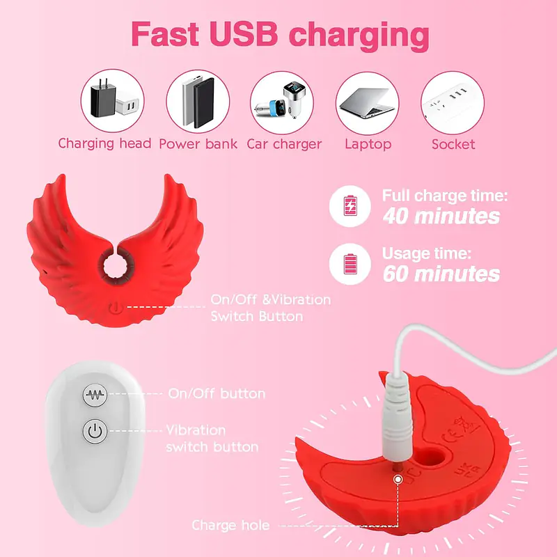 Red Angel Wings Nipple Vibrator with 10 Modes, Remote Control & USB Rechargeable - Master